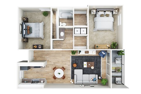 A top-down view of a small apartment layout with a bedroom, living room, kitchen, and bathroom.